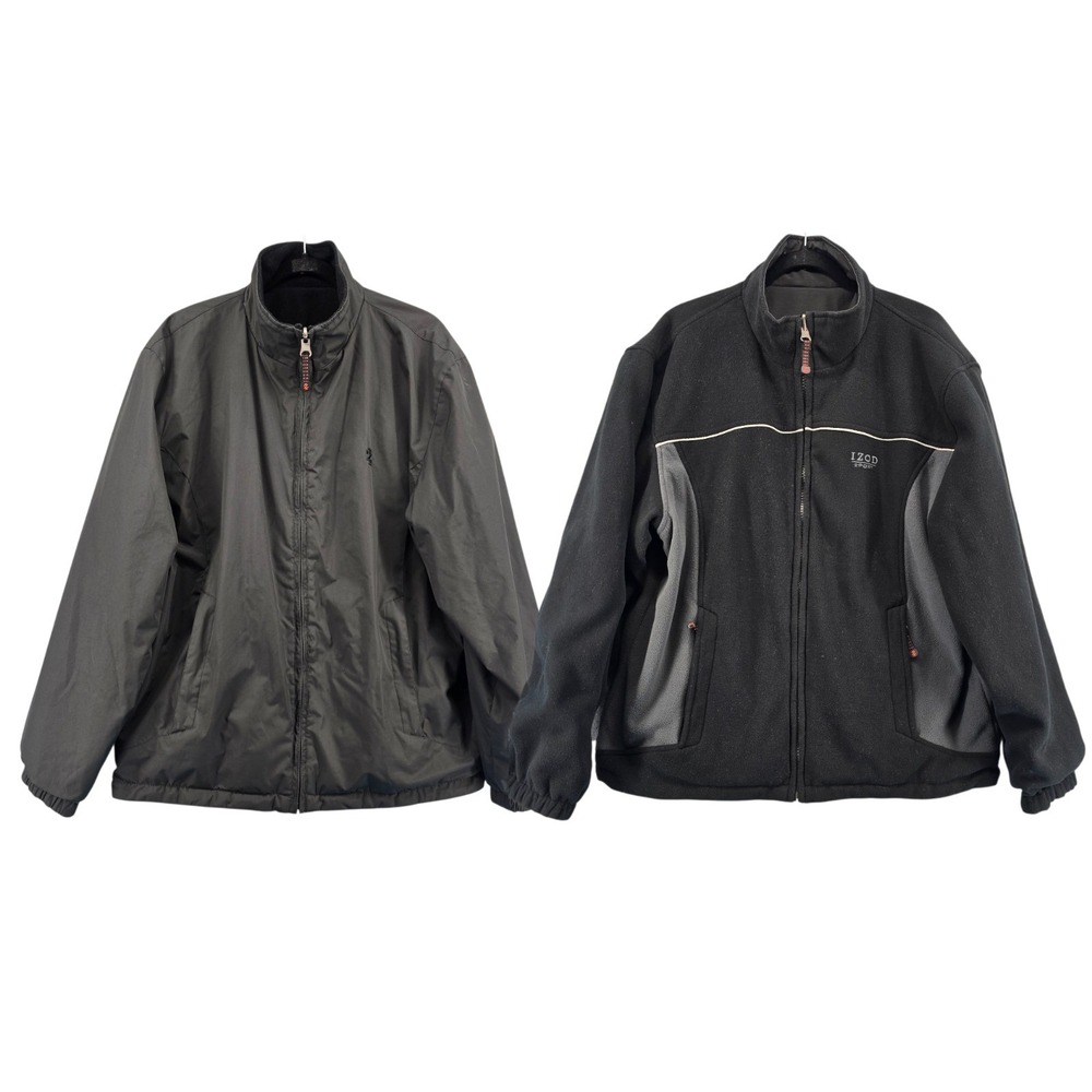 IZOD Reversible Jacket Coat Mens L Black Gray Full Zip Logo Pockets Sport Warm